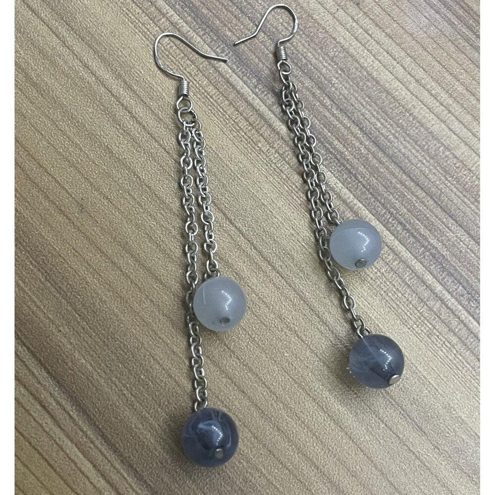 Vtg 925 Sterling Silver Long Drop Earrings Blue & Gray Acrylic Beads 3" - Y2K